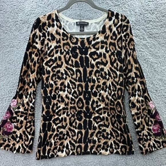 INC XL Animal Print‎ Top Embroidered Floral Design on Bell Sleeves Fabulous Fun - Picture 4 of 10